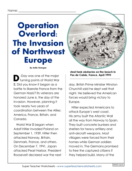 Nonfiction Articles - Operation Overlord (D-Day) (Printable PDF Worksheet)
