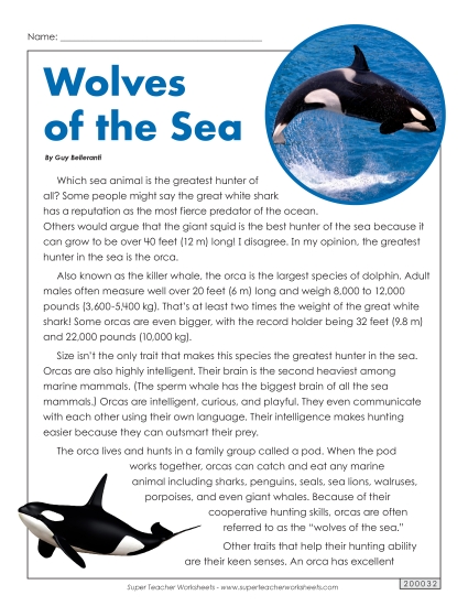 Mammals - Orcas (Killer Whales) (Printable PDF Worksheet)