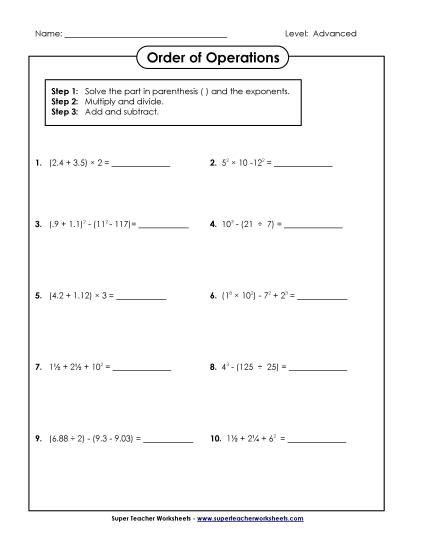 Includes Fractions & Decimals - Order of Operations (Advanced) (Printable PDF Worksheet)