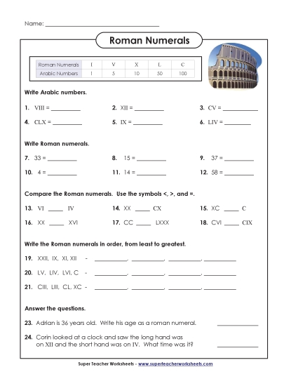 Intermediate (I through C) - Ordering & Comparing Roman Numerals (Printable PDF Worksheet)