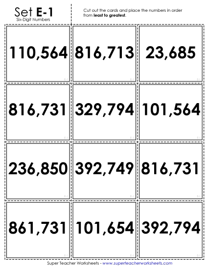 Ordering Numbers - Ordering: Card Sort Game (6-Digit) (Printable PDF Worksheet)