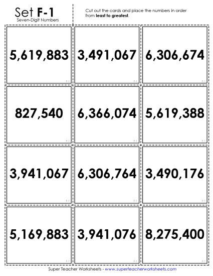 Ordering Numbers - Ordering: Card Sort Game (7-Digit) (Printable PDF Worksheet)