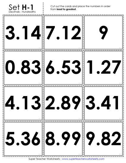 Ordering Decimals - Ordering: Card Sort Game - Hundredths (Printable PDF Worksheet)