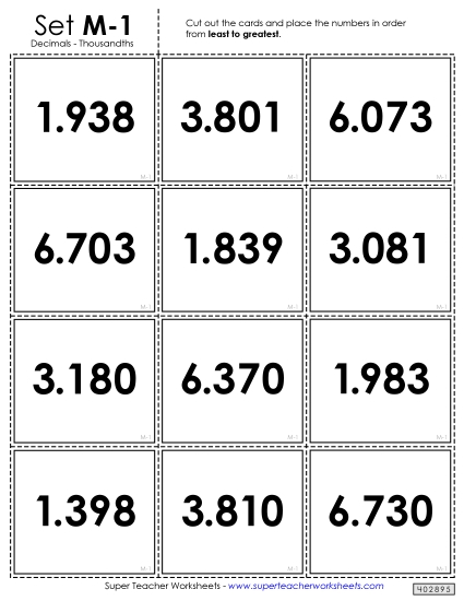 Ordering Decimals - Ordering Decimals Card Sort Game (Thousandths) (Printable PDF Worksheet)