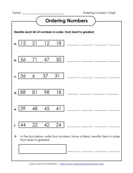 Ordering Numbers - Ordering: Least to Greatest (Printable PDF Worksheet)
