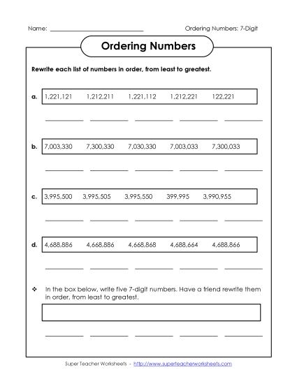 Ordering Numbers - Ordering: Least to Greatest (Printable PDF Worksheet)