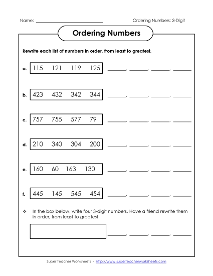Ordering Numbers - Ordering: Least to Greatest (Printable PDF Worksheet)