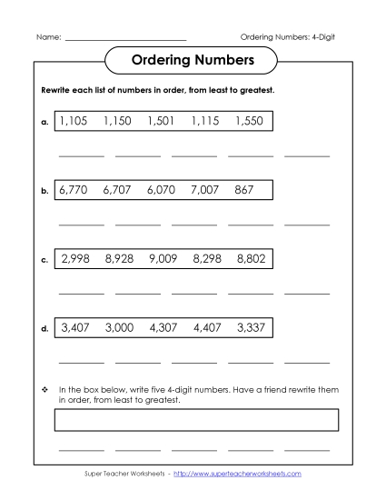 Ordering Numbers - Ordering: Least to Greatest (Printable PDF Worksheet)