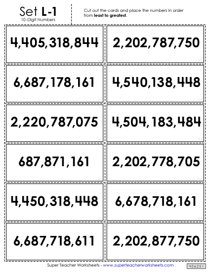 Place Value - Ordering Numbers Card Sort Game (10-Digit) (Printable PDF Worksheet)