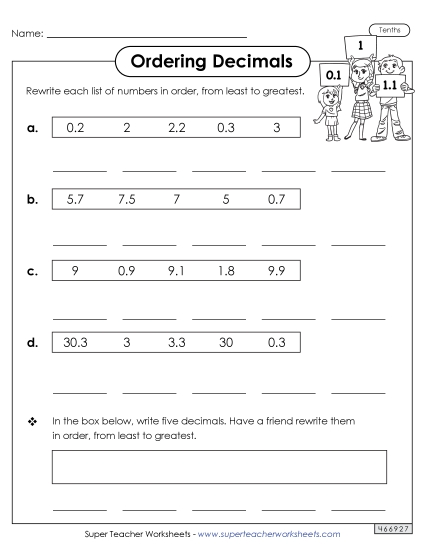 Ordering Decimals - Ordering Numbers (Tenths) (Printable PDF Worksheet)