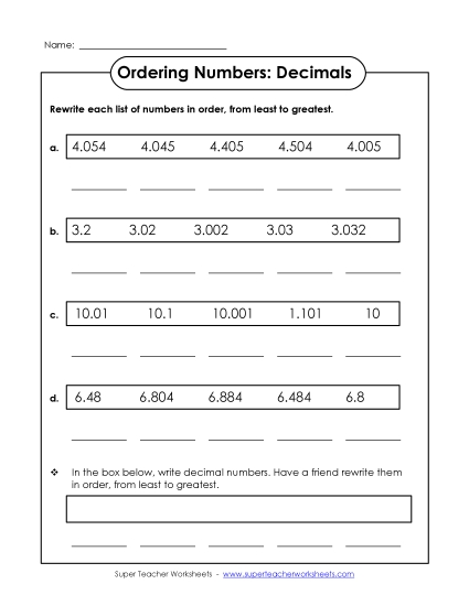Ordering Decimals - Ordering Worksheet (Thousandths) (Printable PDF Worksheet)