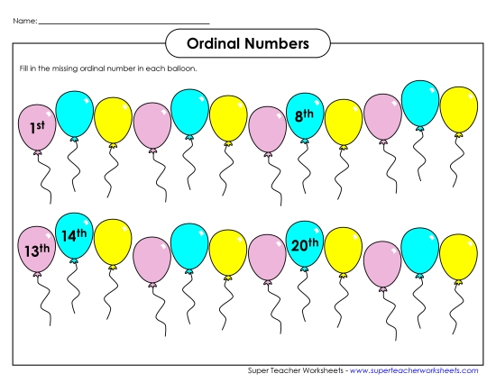 1st through 25th - Ordinal Balloons (Printable PDF Worksheet)