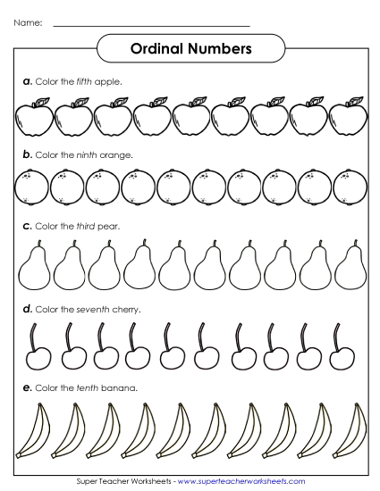 1st through 12th - Ordinal Fruits (Word Form) (Printable PDF Worksheet)