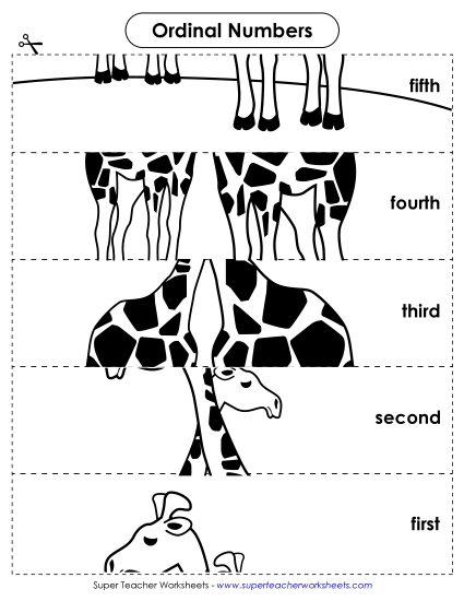 Zoo Counting, Numbers, & Math - Ordinal Numbers: Giraffe (Printable PDF Worksheet)