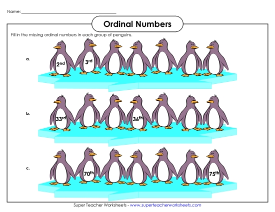 1st through 100th - Ordinal Penguins (Printable PDF Worksheet)