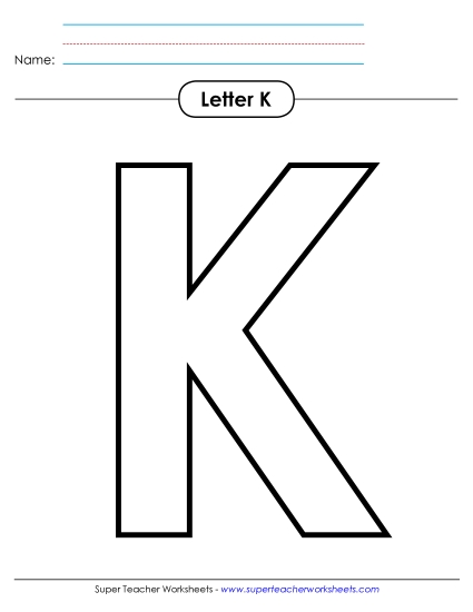 Letter Recognition - Outline - Uppercase K (Printable PDF Worksheet)