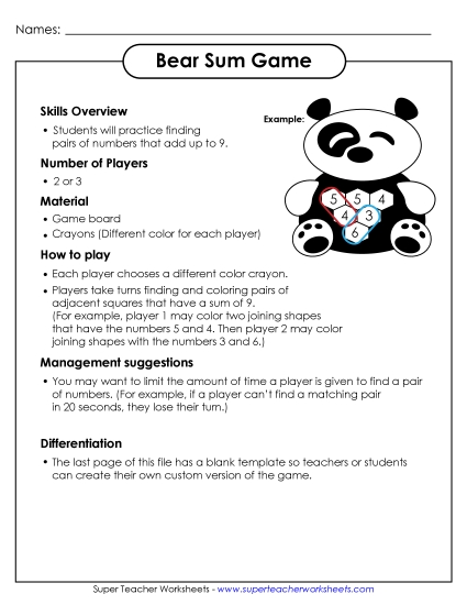Zoo Counting, Numbers, & Math - Panda Sum Game (Printable PDF Worksheet)