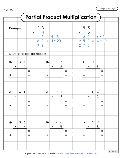 2-Digit by 1-Digit - Partial Products Graph Paper (2-Digit by 1-Digit) (Printable PDF Worksheet)