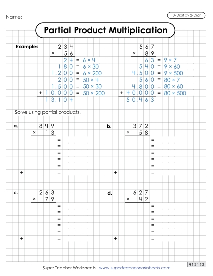 3-Digit by 2-Digit - Partial Products Graph Paper (3-Digit by 2-Digit) (Printable PDF Worksheet)