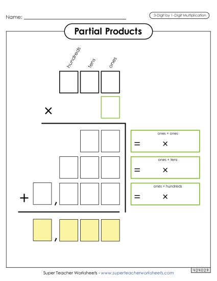 3-Digit by 1-Digit - Partial Products Outline (3-Digit by 1-Digit) (Printable PDF Worksheet)