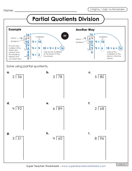 2-Digit Dividends - Partial Quotients 2-Digit by 1-Digit Division (No Remainders) (Printable PDF Worksheet)