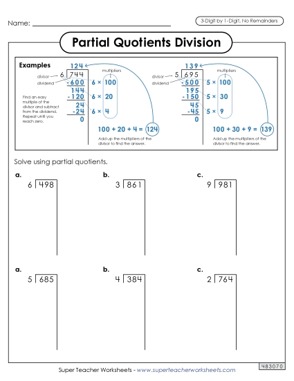 3-Digit Dividends - Partial Quotients 3-Digit by 1-Digit Division (No Remainders) (Printable PDF Worksheet)