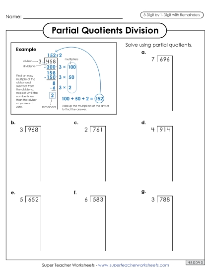 Partial Quotients - Partial Quotients  3-Digit by 1-Digit Division (with Remainders) (Printable PDF Worksheet)