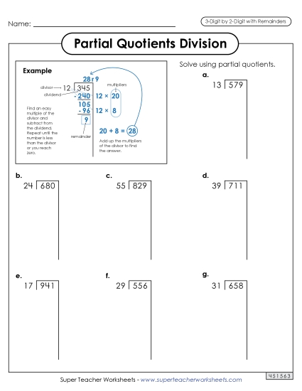 3-Digit Dividends - Partial Quotients  3-Digit by 2-Digit Division (with Remainders) (Printable PDF Worksheet)