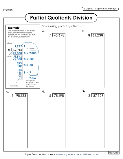 5-Digit Dividends - Partial Quotients  5-Digit by 1-Digit Division (with Remainders) (Printable PDF Worksheet)