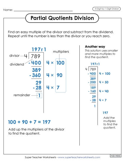 3-Digit Dividends - Partial Quotients Anchor Chart  (3-Digit by 1-Digit) (Printable PDF Worksheet)