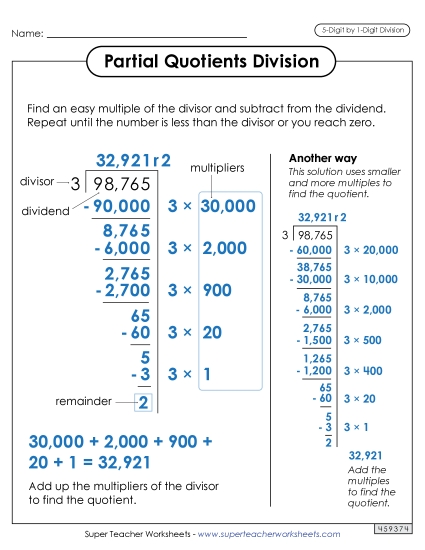5-Digit Dividends - Partial Quotients Anchor Chart  (5-Digit by 1-Digit) (Printable PDF Worksheet)