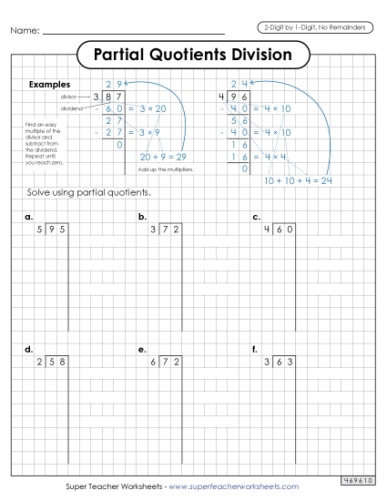 2-Digit Dividends - Partial Quotients (Graph Paper) 2-Digit by 1-Digit Division (No Remainders) (Printable PDF Worksheet)