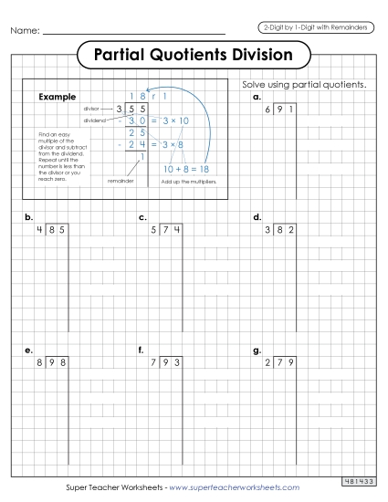 Partial Quotients - Partial Quotients (Graph Paper) 2-Digit by 1-Digit Division (with Remainders) (Printable PDF Worksheet)