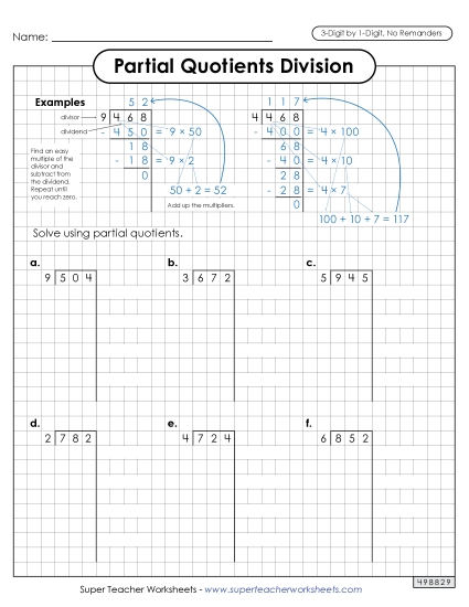 Partial Quotients - Partial Quotients (Graph Paper) 3-Digit by 1-Digit Division (No Remainders) (Printable PDF Worksheet)