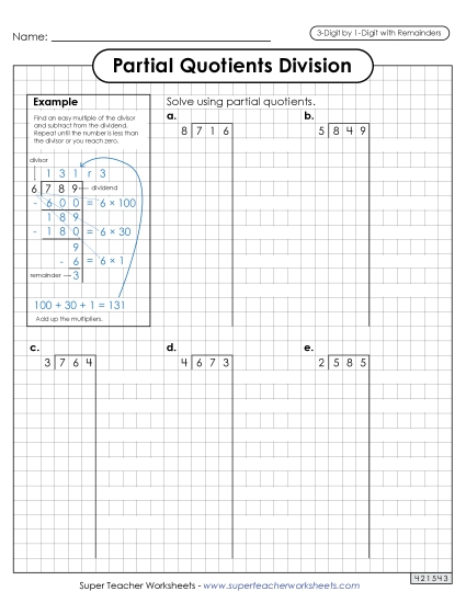 3-Digit Dividends - Partial Quotients (Graph Paper) 3-Digit by 1-Digit Division (with Remainders) (Printable PDF Worksheet)