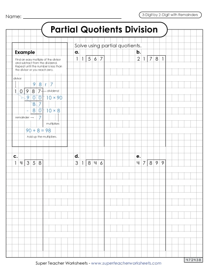 Partial Quotients - Partial Quotients (Graph Paper)  3-Digit by 2-Digit Division (with Remainders) (Printable PDF Worksheet)