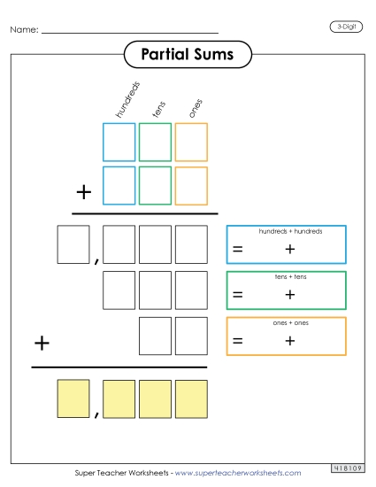 Partial Sums - Partial Sums Outline (3-Digit) (Printable PDF Worksheet)