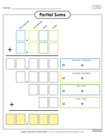 Partial Sums - Partial Sums Outline (4-Digit) (Printable PDF Worksheet)