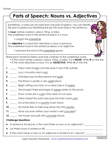 Worksheets - Parts of Speech: Nouns vs. Adjectives (Printable PDF Worksheet)