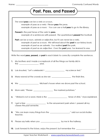 Pass, Passed, and Past (Printable PDF Worksheet)