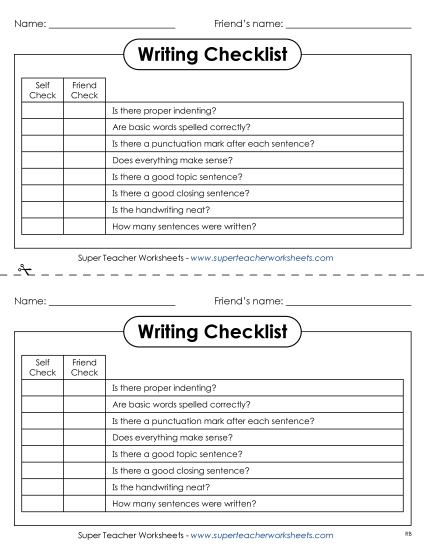 Editing Checklists - Peer Editing Checklist (Printable PDF Worksheet)