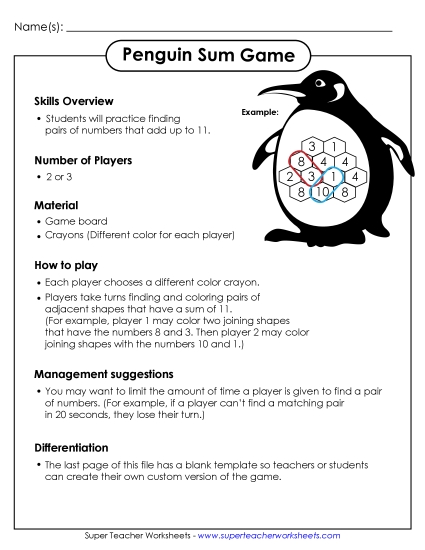 Sum Game - Penguin Sum Game (Printable PDF Worksheet)