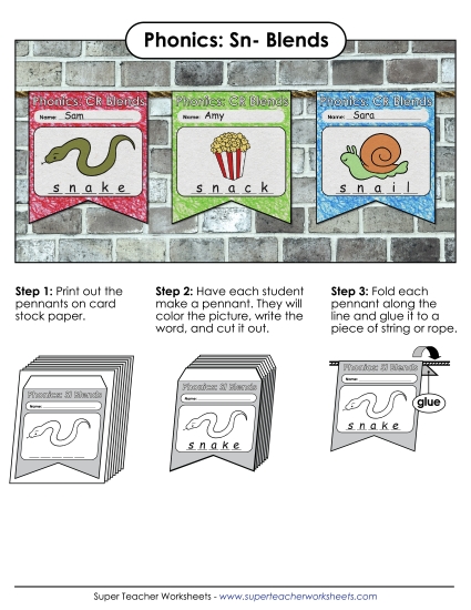 Cut and Glue Activities - Pennant (Sn- Words)  (Printable PDF Worksheet)