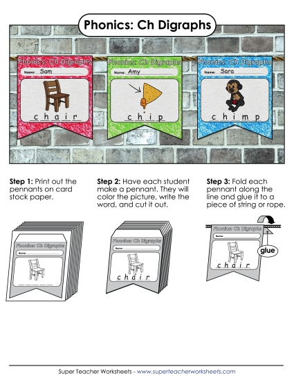 Cut and Glue Activities - Pennants (CH Words) (Printable PDF Worksheet)