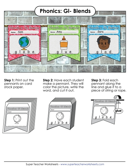 Cut and Glue Activities - Pennants (Gl- Words) (Printable PDF Worksheet)