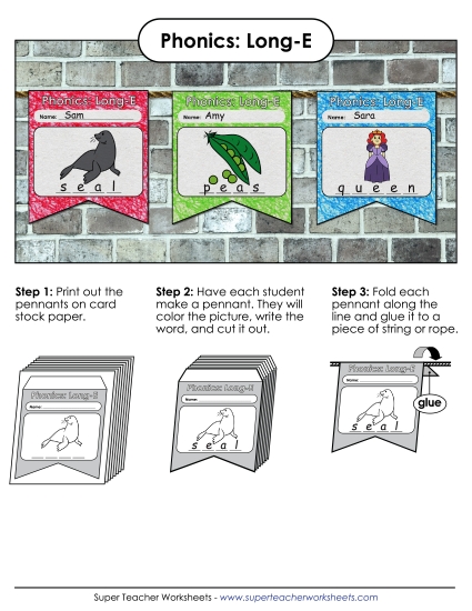 Cut and Glue Activities - Pennants (Long E Words) (Printable PDF Worksheet)