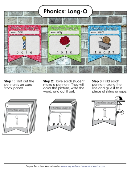 Cut and Glue Activities - Pennants (Long O Words) (Printable PDF Worksheet)