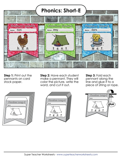 Cut & Glue Activities - Pennants (Short E Words) (Printable PDF Worksheet)