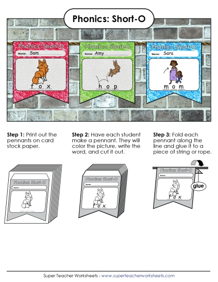 Cut & Glue Activities - Pennants (Short O Words) (Printable PDF Worksheet)