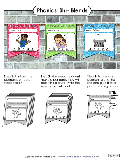 Cut-and-Glue Activities - Pennants (Shr- Words) (Printable PDF Worksheet)